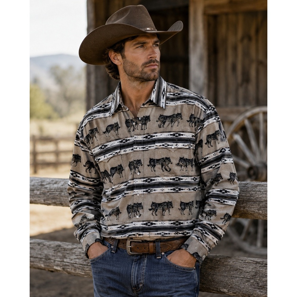 Wrangler Wolf Print‎ Western Button Down Shirt Mens Large Southwestern